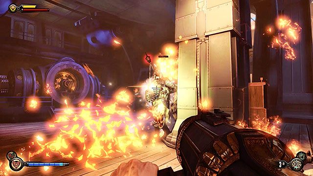 Za pomocą wstęgi znajdującej się z prawej strony pomostu dostań się na pokład sterowca i wyeliminuj wszystkich znajdujących się tam przeciwników - Zniszcz sterowiec | Rozdział 26 - Dziedziniec Fabryczny | BioShock Infinite - BioShock: Infinite - poradnik do gry