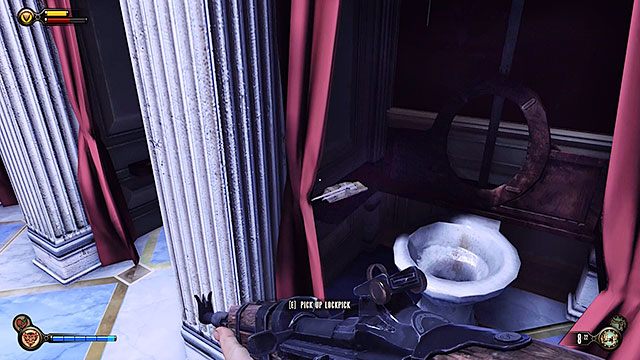 W łazience po prawej stronie zepsutego automatu natkniesz się na dwóch policjantów - Znajdź Elektrycznego Dżokeja w Sali Bohaterów | Rozdział 8 - Żołnierskie Pole - BioShock: Infinite - poradnik do gry