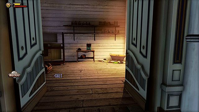 Przeszukaj biuro, do którego trafisz, po czym ruszaj korytarzem w stronę salonu gier - Wybór - Przypinka do aksamitki | Rozdział 7 - Zatoka okrętów | BioShock Infinite - BioShock: Infinite - poradnik do gry