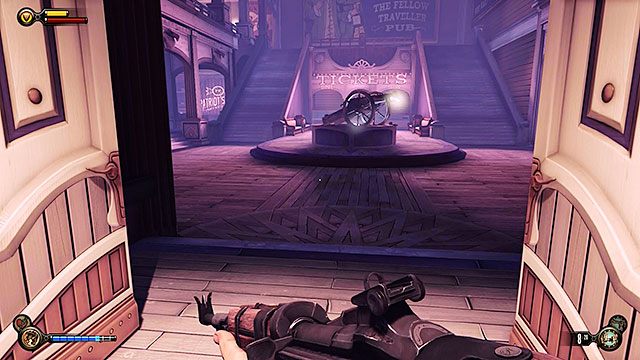 Po wyjechaniu windą na wyższy poziom Żołnierskiego Pola odszukaj budynek pawilonu biletowego (szyld TICKETS) - Zadanie opcjonalne - Użyj szyfratora, by złamać kod Woksów | Rozdział 8 - Żołnierskie Pole - BioShock: Infinite - poradnik do gry