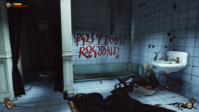 Na przeciwko pawilonu biletowego znajduje się bar Fellow Traveler - Zadanie opcjonalne - Użyj szyfratora, by złamać kod Woksów | Rozdział 8 - Żołnierskie Pole - BioShock: Infinite - poradnik do gry