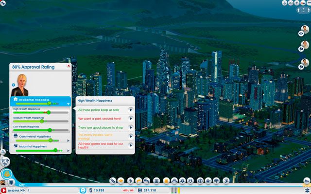 Alternatywnym i bardziej szczegółowym sposobem badania zadowolenia jest specjalny filtr [Happiness Map], który można znaleźć na liście map w prawym dolnym rogu ekranu (screen poniżej) - Zadowolenie w SimCity - SimCity - poradnik do gry