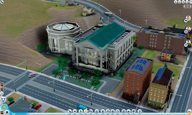 Ratusz podwyższa wartość pobliskiego terenu do średniozamożnego poziomu ($$), oddziaływując na całkiem spory obszar dookoła i polepszając humor obywateli - Budynki | Administracja w SimCity - SimCity - poradnik do gry
