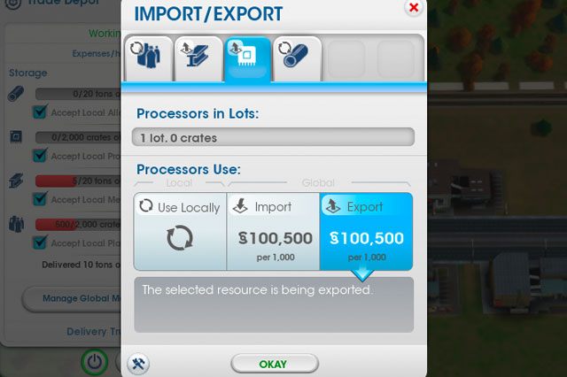 Surowcami w składzie handlowym można zarządzać na trzy sposoby (screen powyżej) - Budynki - handel | Specjalizacje miast w SimCity - SimCity - poradnik do gry