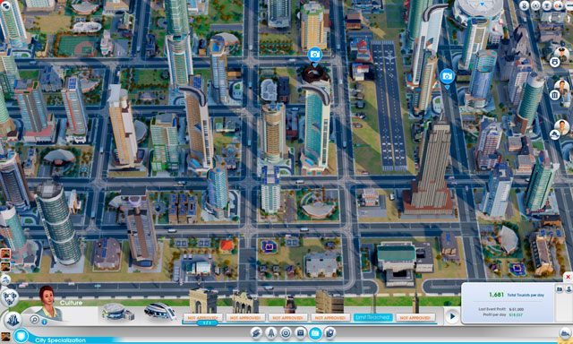 Ekran turystyki znajduje się w menu specjalizacji, na prawo od elektroniki (screen powyżej) - Turystyka i hazard | Specjalizacje miast w SimCity - SimCity - poradnik do gry