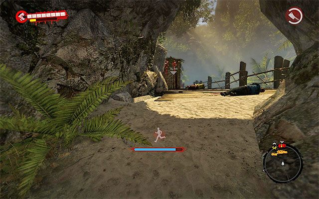 Pobiegnij szybko na północ (warto pomagać sobie opcją sprintu), przy czym przy pierwszej możliwej okazji skręć na wschód, docierając do pokazanej na dołączonym screenie głównej ścieżki prowadzącej do Obozu Przetrwania Paradise - Wejdź do obozu i pomóż go bronić Rozbitek - Dead Island Riptide - poradnik do gry