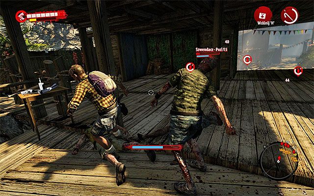 Po zlikwidowaniu najbliżej rozstawionych nieumarłych przystąp do ratowania tych ocalałych, którzy zostali złapani przez zombiaki i aktualnie się z nimi szamotają (charakterystyczna ikona głowy) - Wejdź do obozu i pomóż go bronić Rozbitek - Dead Island Riptide - poradnik do gry