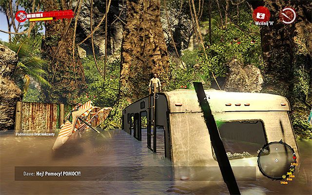 Wspomniany mężczyzna stoi na dachu jednej z częściowo zalanych przyczep kempingowych - Gatunek - Slasher Poboczne zadania - Dżungla - Dead Island Riptide - poradnik do gry