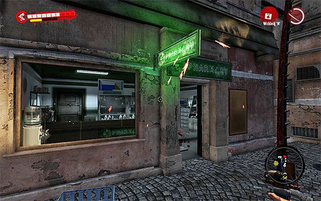 Aktualny cel podróży to apteka znajdująca się na południowy-zachód od szpitala, pomiędzy Zakażonym składem i Apartamentem Georgea Serero - Opieka medyczna Poboczne zadania - Henderson - Dead Island Riptide - poradnik do gry