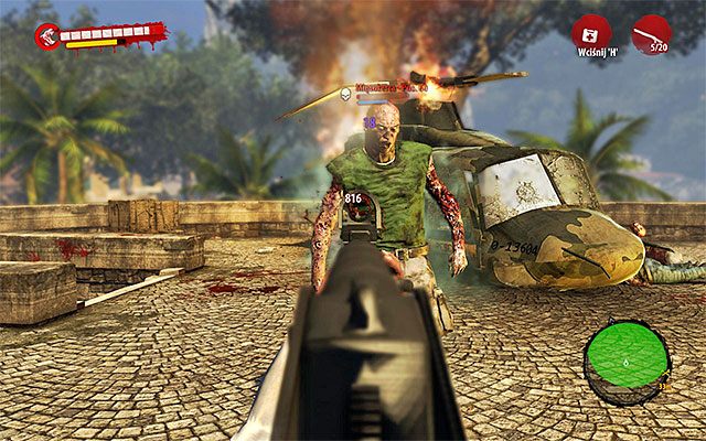 Zachowaj czujność, albowiem wokół rozbitego śmigłowca rozstawiona jest grupa zombiaków i znajduje się wśród nich mięsożerca - Znajdź ocalałych z katastrofy Katastrofa - Dead Island Riptide - poradnik do gry