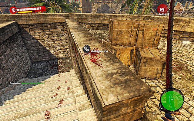 Niezależnie od tego w jaki sposób zachowałeś się w stosunku do mięsożercy musisz zbadać obszar na półocny-zachód od wraku śmigłowca, odnajdując ślady krwi przy pobliskich schodach (powyższy screen) - Znajdź ocalałych z katastrofy Katastrofa - Dead Island Riptide - poradnik do gry