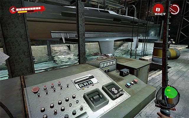 Rozejrzyj się po okolicy, a następnie skieruj się w lewo, docierając do pokazanego na screenie mechanizmu odpowiedzialnego za opuszczenie kutra - Uruchom łódź Z prądem - Dead Island Riptide - poradnik do gry