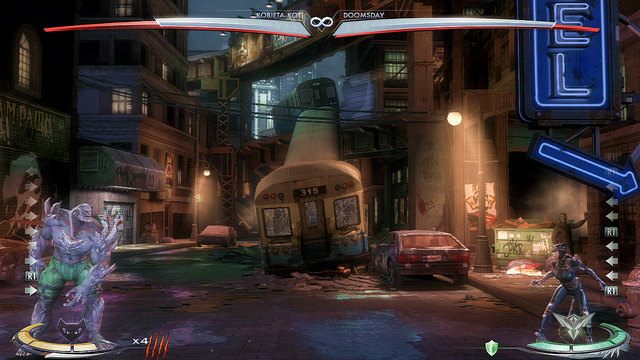 Na prawym krańcu areny znajduje się neonowy napis Hotel z neonową strzałką, aby skorzystać z obiektu należy do niego podskoczyć - Injustice: Gotham - arena - Injustice Gods Among Us - poradnik do gry