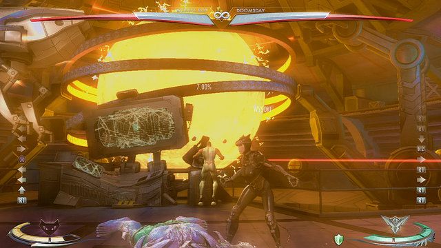 Na środku areny w tle znajduje się żółta kula i konsola, walcząc przed nią można rzucić w nią przeciwnikiem - Injustice: Wieża Strażnicza - arena - Injustice Gods Among Us - poradnik do gry