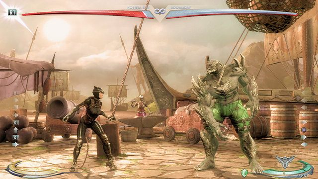 Na środku areny znajdują się beczki zwieszone w sieci - Injustice: Themyscira - arena - Injustice Gods Among Us - poradnik do gry