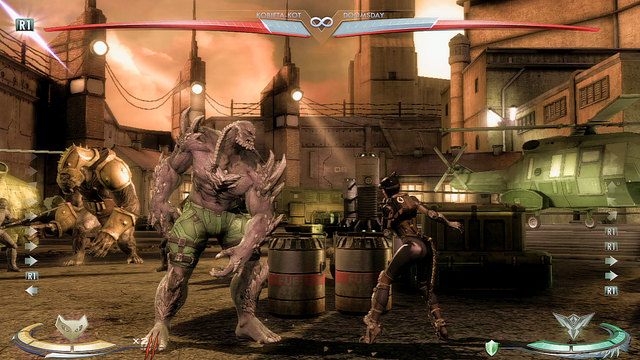 Po prawej stronie areny znajdują się metalowe pojemniki - Injustice: Wyspa Strykera - arena - Injustice Gods Among Us - poradnik do gry