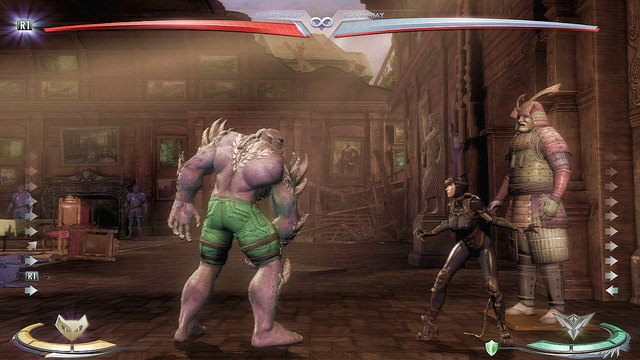 Na prawym krańcu areny znajduje się azjatycka zbroja - Injustice: Rezydencja Waynea, Rezydencja Waynea nocą - arena - Injustice Gods Among Us - poradnik do gry