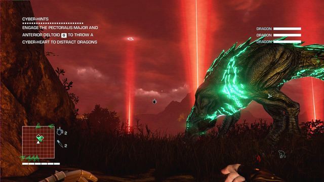 Gdy już pozyskasz przynajmniej jedno serce, zbliż się do wyjścia z doliny i rzuć sercem w którymś z kierunków wskazanych na ekranie (wciśnij odpowiedni przycisk/klawisz) - 2 - Theyre hee-eere! | Zadania główne | Far Cry 3 Blood Dragon - Far Cry 3: Blood Dragon - poradnik do gry