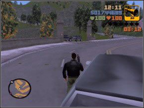 Jak tylko animacja się skończy, jak najszybciej weź pistolet i biegnij w stronę drzew po prawej (całą broń ci odebrano) - 15 - Catalina | Grand Theft Auto 3 - Grand Theft Auto 3 - poradnik do gry
