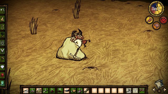 Weź narzędzie do prawej ręki, a następnie kilkukrotnie kliknij na skałę, by ją rozbić - Dont Starve: Dzień drugi | Początek przygody - Dont Starve - poradnik do gry