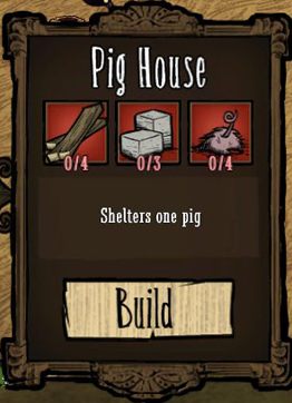 Postawienie takiego domu wymaga 4x Boards, 3x Cut Stone oraz 4x Pig Skin - Dont Starve: Świńskie sprawy - Dont Starve - poradnik do gry