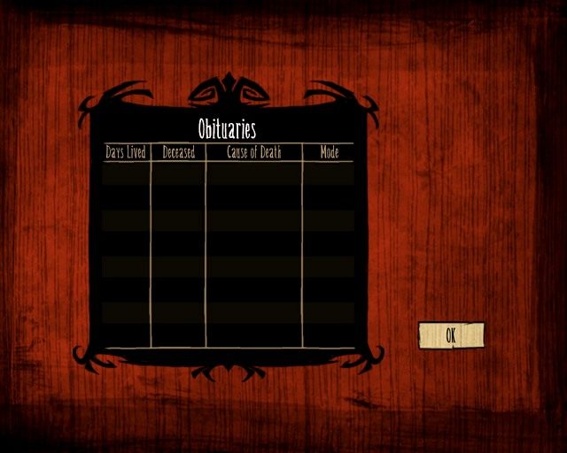 Ten ekran zawiera informacje o twoich nieudanych próbach przeżycia w świecie gry. - Dont Starve: Lista Aktualizacji - Dont Starve - poradnik do gry