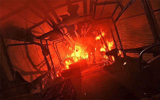 Po tym jak wizja dobiegnie końca zacznij biec za Chanem, nie przejmując się pojawiającymi się w okolicy płomieniami - Idź za Chanem, by odszukać Cienia | Rozdział 21 - Chan | Metro Last Light - Metro: Last Light - poradnik do gry