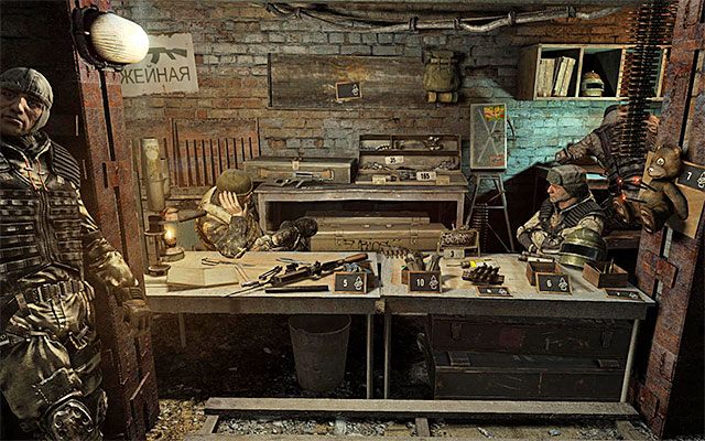 Zatrzymaj się tuż po dotarciu do nowego obszaru, albowiem przebywa tu dwóch pokazanych na powyższym screenie handlarzy - Idź za Chanem, by odszukać Cienia | Rozdział 20 - Kwarantanna - Metro: Last Light - poradnik do gry