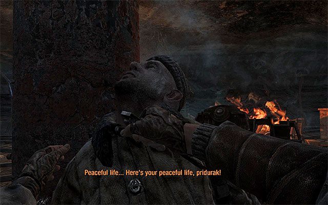 Powróć do głównego tunelu i ostrożnie zbliż się do większego obszaru z dwoma płonącymi wagonami, w którym przebywa dość liczna grupa bandytów - Użyj wagonu, by dotrzeć do Wenecji cz.3 | Rozdział 13 - Bandyci - Metro: Last Light - poradnik do gry