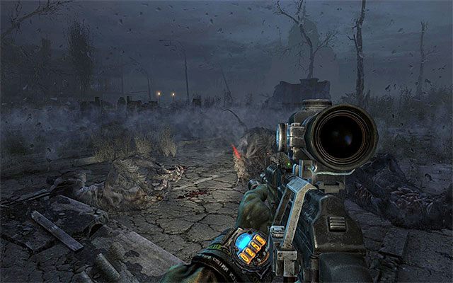 Podążaj zgodnie ze wskazaniami kompasu, mijając znajdujący się po prawej strony większy zrujnowany budynek - Spotkaj się ze stalkerami w cerkwi | Rozdział 17 - Noc | Metro Last Light - Metro: Last Light - poradnik do gry