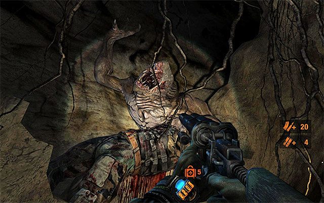 Niezależnie od tego czy zdecydowałeś się na zbadanie wspomnianego wyżej opcjonalnego obszaru czy też nie podążaj kolejnymi korytarzami, uważając na pojedyncze mutanty - Idź katakumbami do Oktiabrskiej cz.1 | Rozdział 18 - Dolne miasto - Metro: Last Light - poradnik do gry