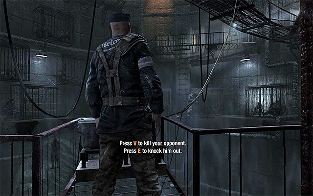 Obróć się w prawo, zeskocz na niższą kładkę i ostrożnie zbliż się do przeciwnika - Podążaj za Pawłem i unikaj wykrycia | Rozdział 3 - Paweł | Metro Last Light - Metro: Last Light - poradnik do gry