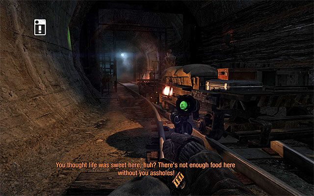 Jeśli masz zamiar uratować kolejnych cywilów to szybko skieruj się w stronę pokazanego na dołączonym screenie wagonu, na którym siedzi jeden z bandytów - Znajdź kogoś do pomocy przy odsunięciu wagonu | Rozdział 13 - Bandyci - Metro: Last Light - poradnik do gry