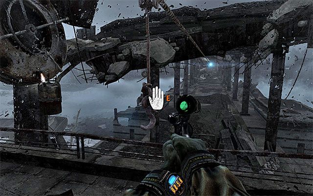 Ruszaj prosto, odnajdując po drodze nowy filtr - Użyj liny, by przedostać się na drugą stronę | Rozdział 24 - Most - Metro: Last Light - poradnik do gry