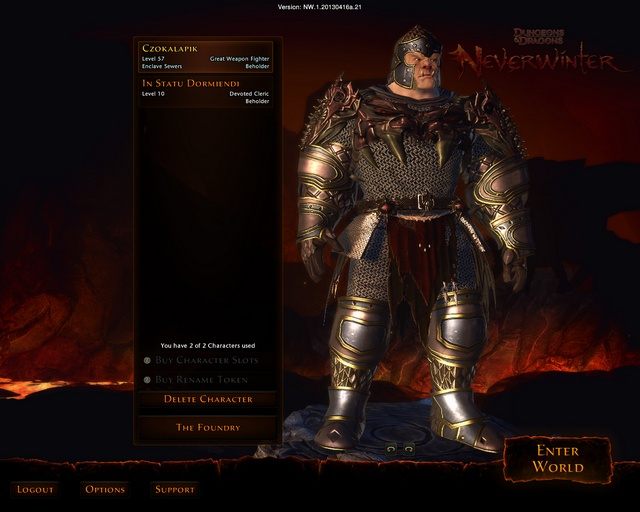 W oknie masz możliwość stworzenia postaci klikając na New Character bądź jej usunięcia (Delete Character), wejścia w opcje gry (Options), wylogowania się (Logout), przejścia do strony wsparcia (Support) oraz oczywiście rozpoczęcia gry po wybraniu postaci (Enter World) - Ekran startowy i wybór świata gry w Neverwinter | Pierwsze kroki - Neverwinter - poradnik do gry