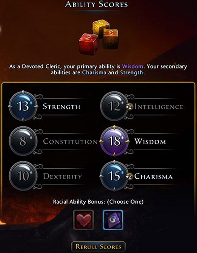 Widok fragmentu ekranu z losowaniem statystyk - Tworzenie Postaci w Neverwinter | Pierwsze kroki - Neverwinter - poradnik do gry