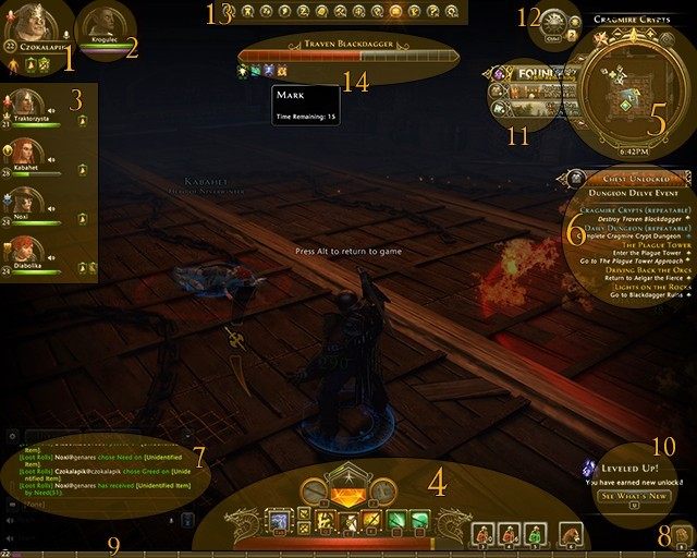 Interfejs Neverwintera nie odbiega bardzo od większości gier MMO lub RPG, znajdziesz tu wszystkie podstawowe elementy (układ elementów możesz zmieniać po wybraniu Zmień HUD z menu głównego gry) - Interfejs główny w Neverwinter | Pierwsze kroki - Neverwinter - poradnik do gry