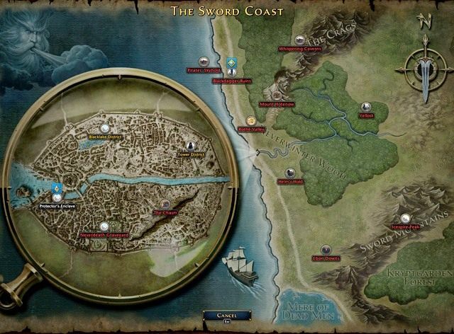 Na mapie świata ikony zadań na niebieskim tle oznaczają miejsca, gdzie możesz robić zaakceptowane zadania (po najechaniu kursorem na daną ikonę wyświetli się lista, które z zadań dostępne są do zrobienia w tej lokalizacji) - Okno mapy i oznaczenia | Podstawy rozgrywki i eksploracja w Neverwinter - Neverwinter - poradnik do gry