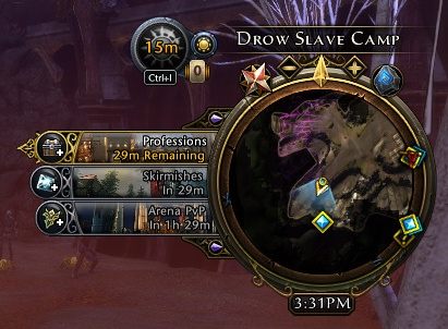 Aktywne zadanie godzinowe oraz dwa najbliższe widoczne są przez cały czas na lewo od minimapy (kliknięcie na zadanie przywoła okno ze szczegółami) - Wydarzenia (Eventy) w Neverwinter | Podstawy rozgrywki i eksploracja - Neverwinter - poradnik do gry