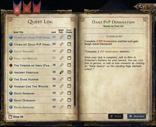 Quest Log (dziennik zadań) posiada wszystkie przyjęte przez ciebie questy - Dziennik i ścieżka zadania (Quest path) w Neverwinter | Zadania (Questy) - Neverwinter - poradnik do gry