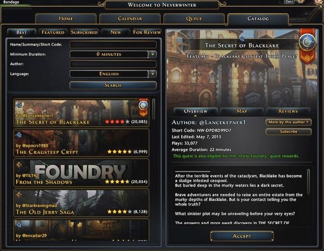 Okno katalogu zadań z Odlewni posiada kilka ważnych elementów - Zadania od graczy (The Foundry) i lokalny kontakt | Zadania (Questy) Neverwinter - Neverwinter - poradnik do gry