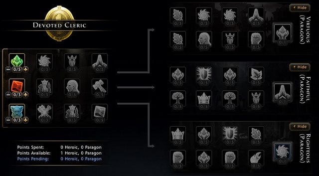 Możesz wydać maksymalnie 5 punktów na każdy talent, do 30 poziomu dostawać będziesz punkty do wydania w osiągnięciach podstawowych (punkty Heroic), po czym zaczniesz trzymywać punkty archetypów (paragon), które wydać możesz w drzewkach rozwoju po prawej stronie - Statystyki i karta postaci w Neverwinter | Bohater - Neverwinter - poradnik do gry