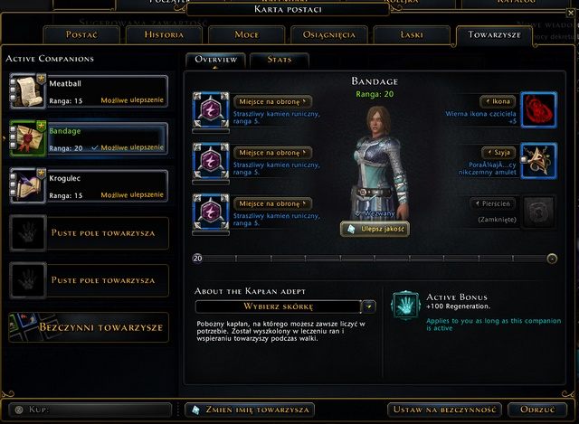 Na karcie towarzysza (klawisz C, zakładka Companion) w lewej kolumnie masz możliwość wybrania jednego z aktywnych towarzyszy, po wyborze po prawej stronie ładuje się karta twojego przyjaciela a w niej podgląd postaci, trzy runy i trzy elementy ekwipunku, w które można go wyposażyć - Towarzysze (Companions) w Neverwinter | Bohater - Neverwinter - poradnik do gry