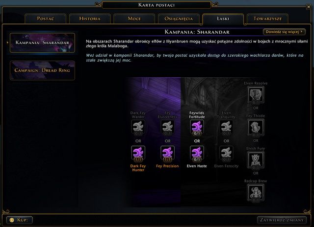 Okno z łaskami zobaczyć możesz na karcie postaci (zakładka Łaski), odblokowywanie kolejnych zdolności pozwala na ulokowanie punktów w coraz to lepsze umiejętności - Kampanie w Neverwinter - Neverwinter - poradnik do gry