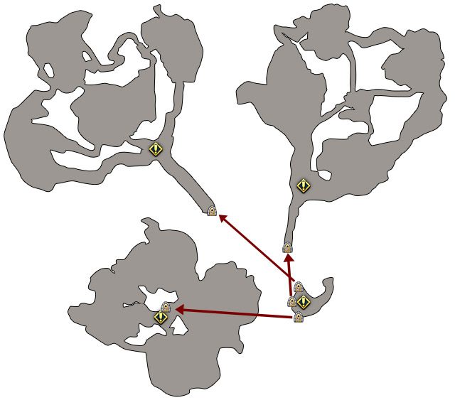 Na powyższej mapie oznaczone zostały przejścia między wrotami oraz miejsca, gdzie dostępne są zadania dzienne. - Sharandar | Kampanie w Neverwinter - Neverwinter - poradnik do gry