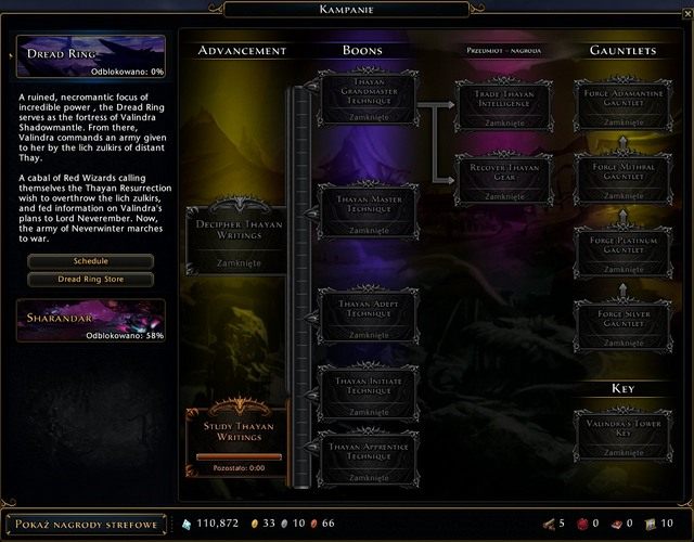 Pierwszy etap kampanii to powtarzalne 7 razy studiowanie Thayańskich pism, do jego ukończenia wymagane jest 5 Notatek Awangady (Vanguard Scrip), 1 Thayański Szyfr (Thayan Cipher) i 1000 diamentów astralnych - Dread Ring | Kampanie w Neverwinter - Neverwinter - poradnik do gry