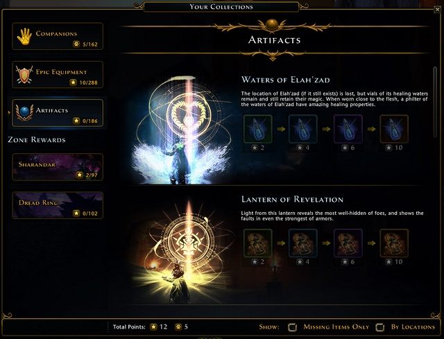 Sprawdzić możesz cztery rodzaje kolekcji: Towarzyszy, Epickie wyposażenie, Artefakty, nagrody strefowe (z kampanii) - Kolekcje w Neverwinter | Wyposażenie - Neverwinter - poradnik do gry
