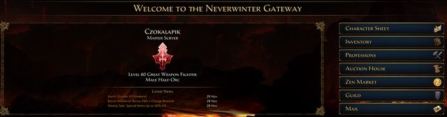Po wybraniu postaci, po prawej stronie ekranu (lub po lewej jeśli już wybrałeś którąś z zakładek) możesz uzyskać dostęp do różnych czynności, są to (kolejno) - Gateway - dostęp przez przeglądarkę w Neverwinter | Pierwsze kroki - Neverwinter - poradnik do gry