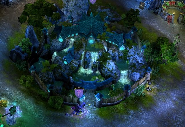 Po krótkiej wędrówce dotrzemy do większej pieczary, na środku której znajduje się miasto frakcji Świątynia: Kakurega (M2, 1) - Poszukiwacze Zaginionej Łzy (1/2) | 3 - Misja Nieznanej Łzy - zadania główne - Might & Magic: Heroes VI - Cienie Mroku - poradnik do gry