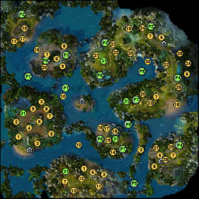 1 - kapliczka żywiołu wody (w następnej bitwie, wszystkie przyjazne stworzenia otrzymają w momencie zadania im obrażeń zaklęcie Tarcza Wodna) - Mapa 2 - powierzchnia cz.1, lokacje | 3 - Całun Minionego Świata - mapy - Might & Magic: Heroes VI - Cienie Mroku - poradnik do gry